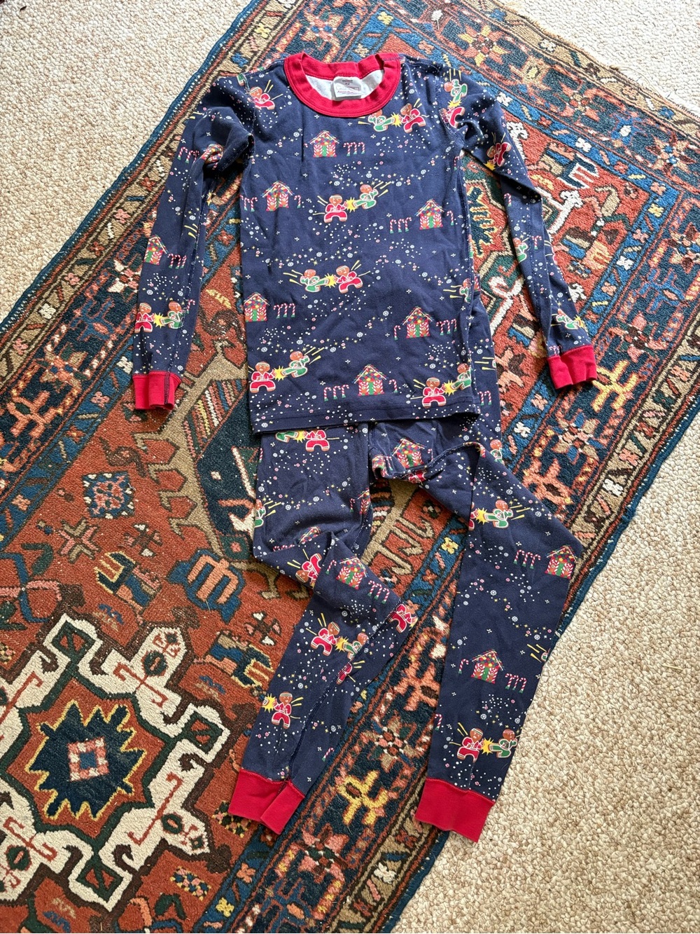 Hanna Andersson Navy Holiday Gingerbread karate kick ninja Pajama Set Red Trim